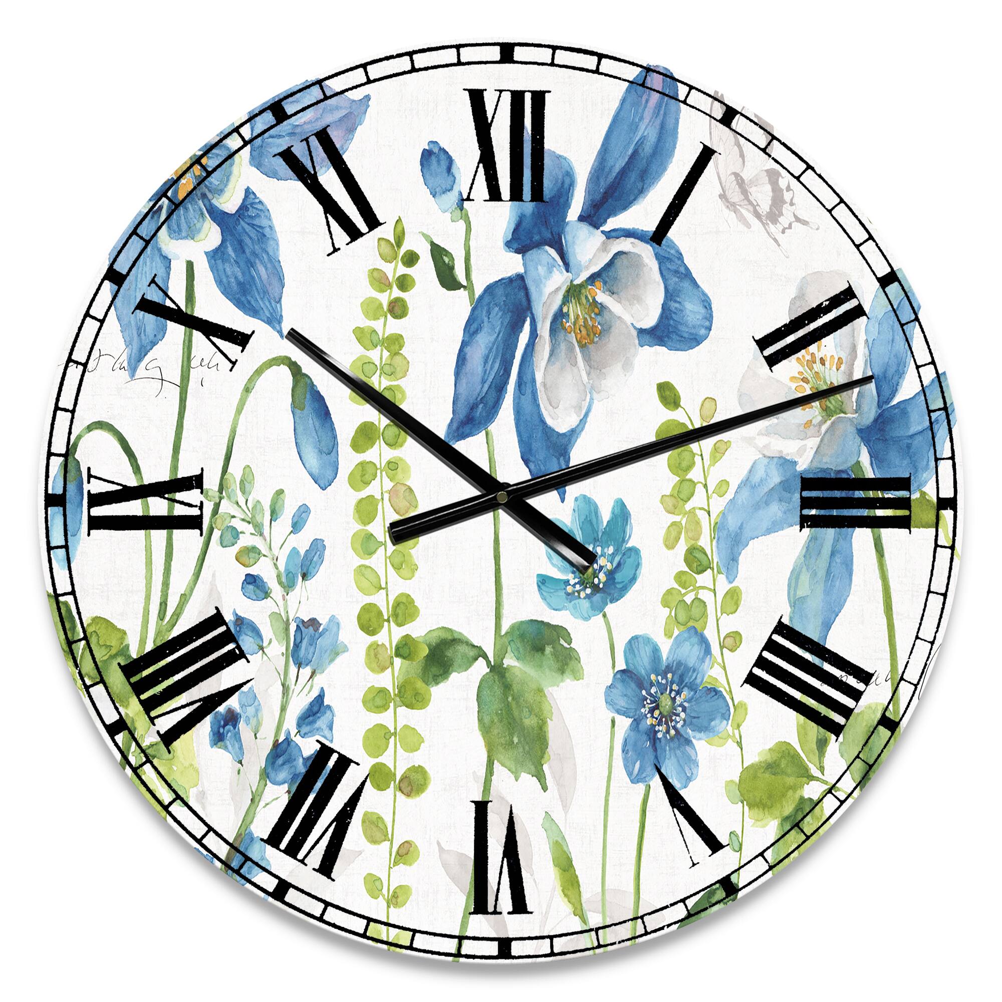 Designart 'Bluebell And Columbine Wild Flowers With Butterfly Traditional Wall Clock